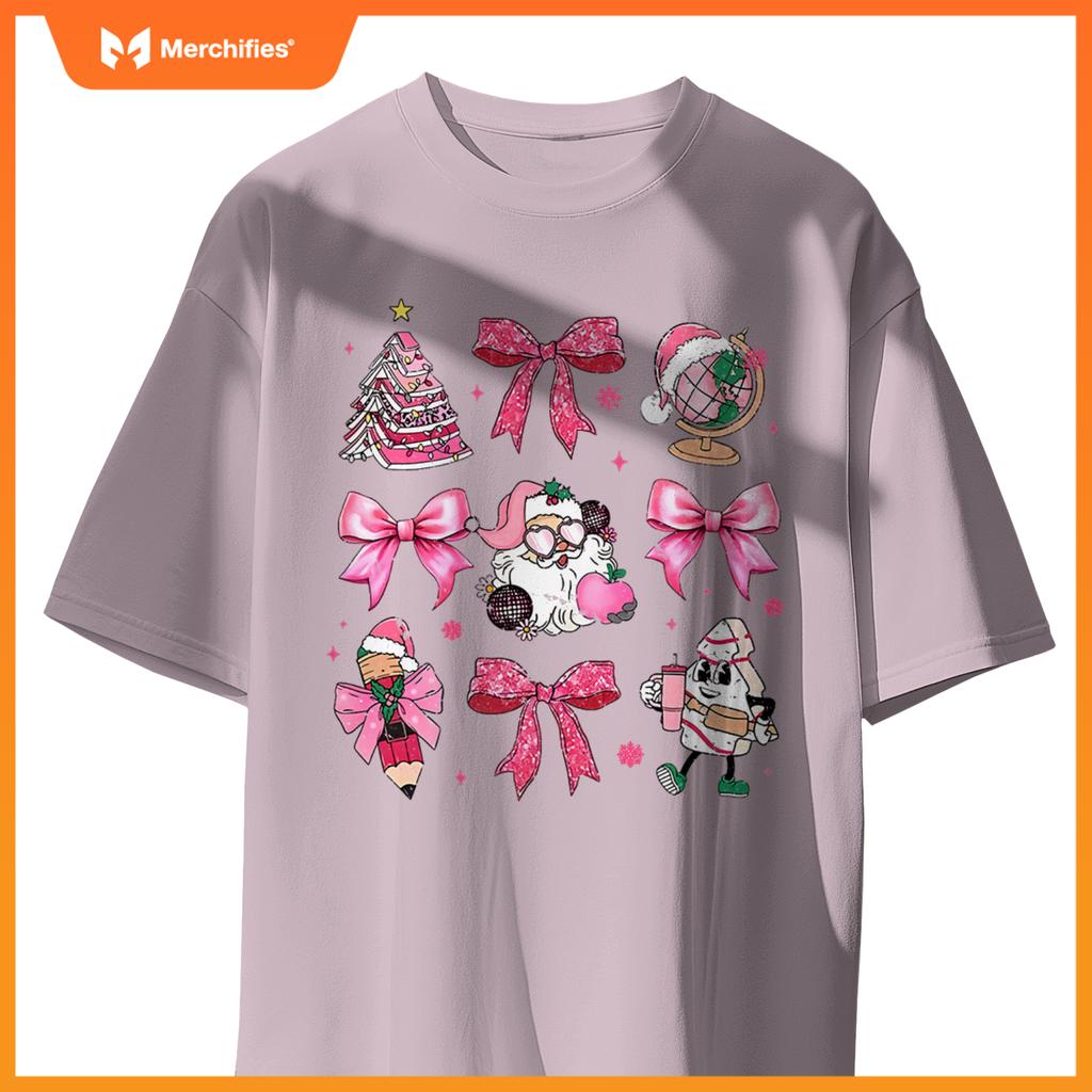 Women pink santa teacher christmas coquette bow pencil santa