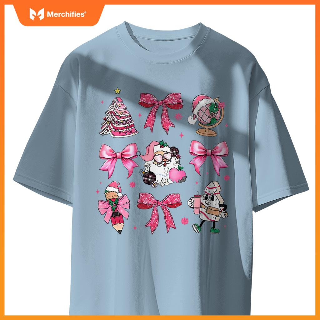 Women pink santa teacher christmas coquette bow pencil santa