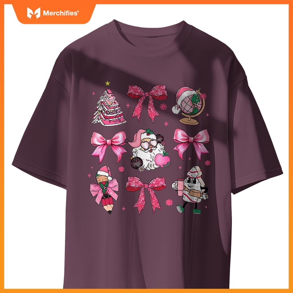 Women pink santa teacher christmas coquette bow pencil santa