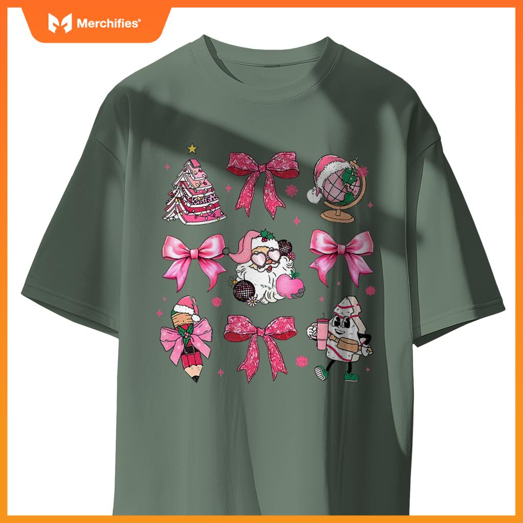 Women pink santa teacher christmas coquette bow pencil santa