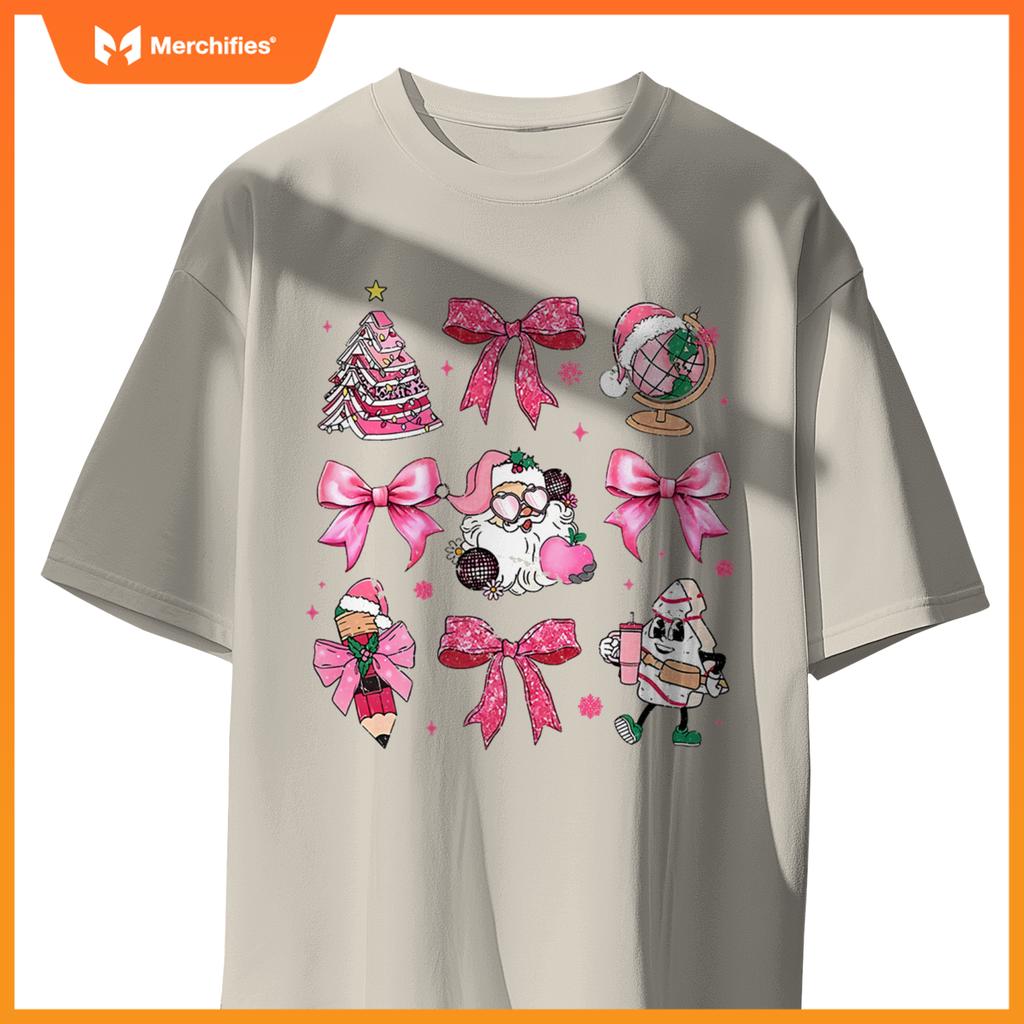 Women pink santa teacher christmas coquette bow pencil santa