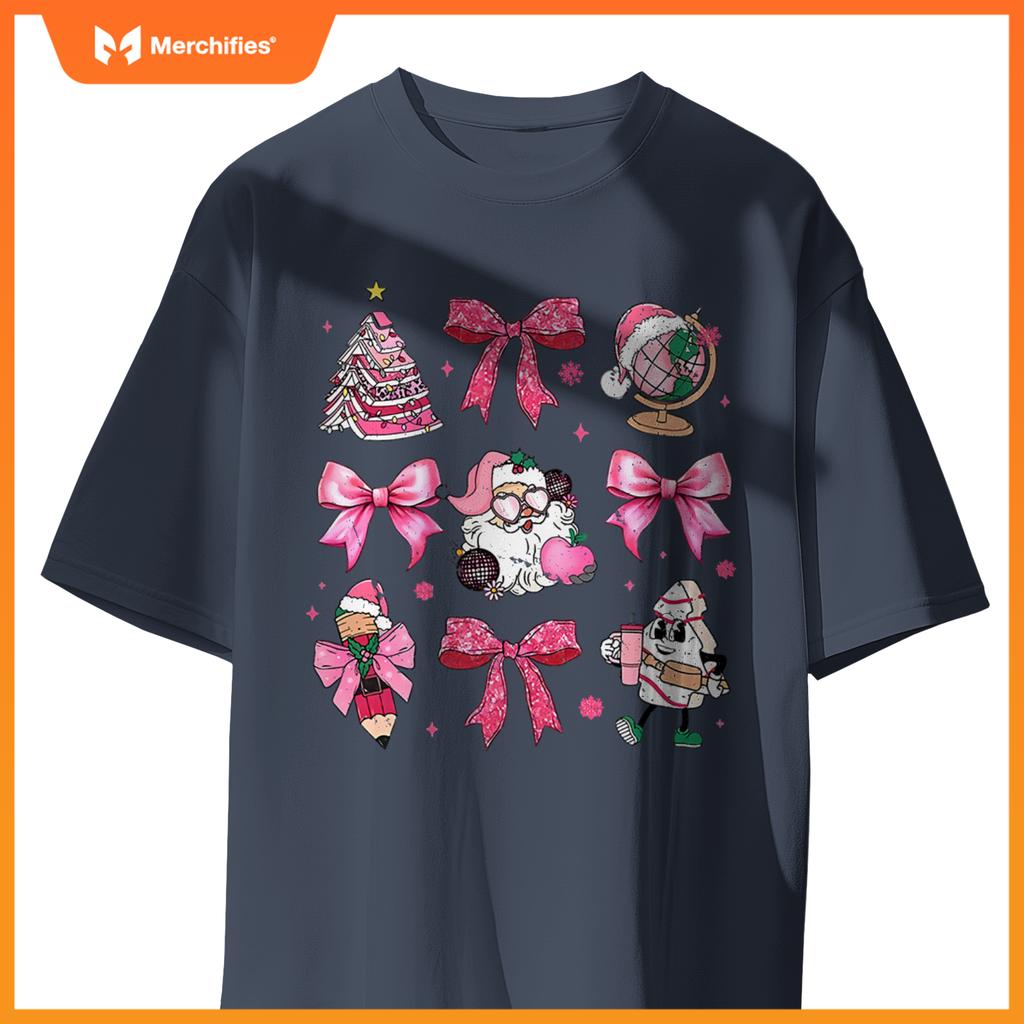 Women pink santa teacher christmas coquette bow pencil santa