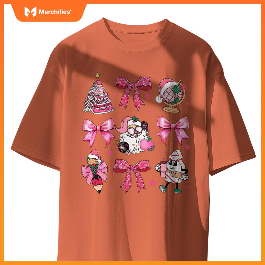 Women pink santa teacher christmas coquette bow pencil santa