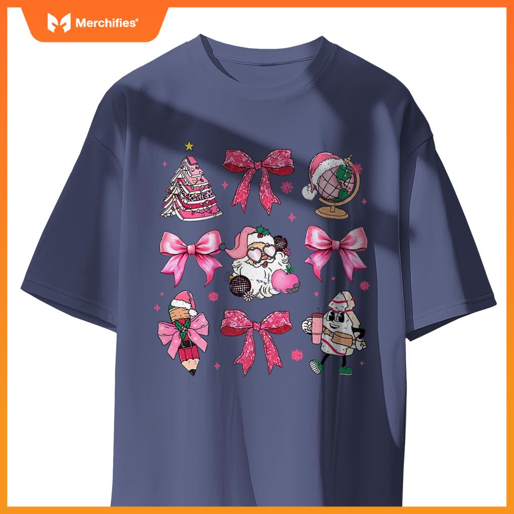 Women pink santa teacher christmas coquette bow pencil santa