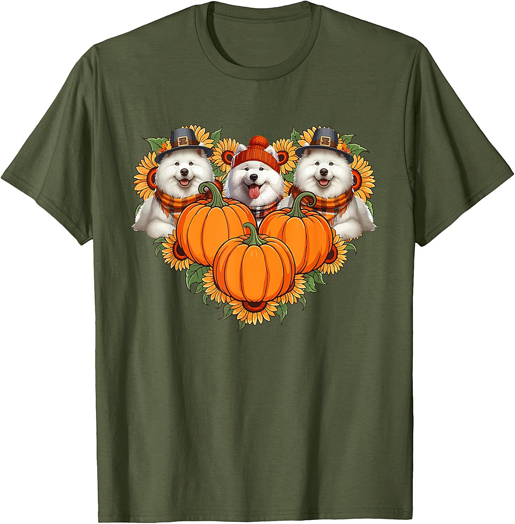 Three Cute Samoyeds Thanksgiving Pilgrim Fall Sunflowers T-Shirt