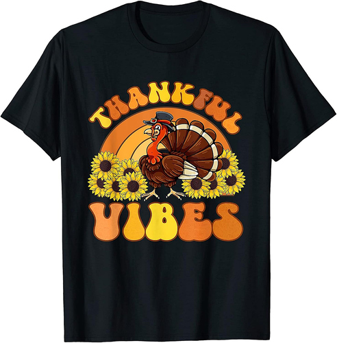 Retro Thankful Vibes Autumn Groovy Thanksgiving Turkey 004 T-Shirt