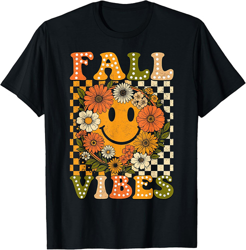 Floral Fall Checkered Smile Face Halloween Thanksgiving 2025 T-Shirt