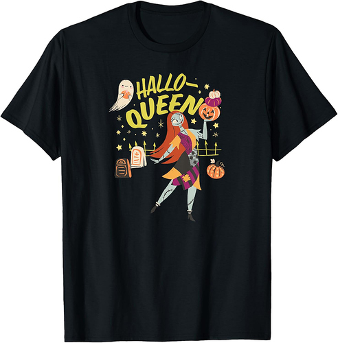 Amazon Essentials Men's Nightmare Before Christmas Halloween Sally Hallo-Queen T-Shirt, Black Graphic Print, Small
