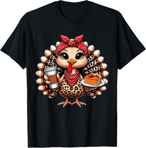 Turkey Drinking Ice Coffee Bow Thanksgiving Women Turkey Day T-Shirt