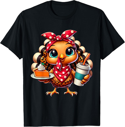 Turkey Drinking Ice Coffee Bow Thanksgiving Women Turkey Day T-Shirt