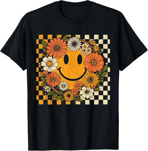 Floral Fall Checkered Smile Face Halloween Thanksgiving 2025 T-Shirt