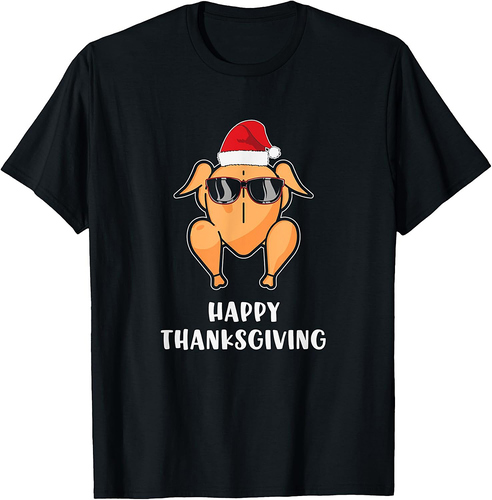 Happy Thanksgiving Sunglasses Santa Hat Turkey T-Shirt