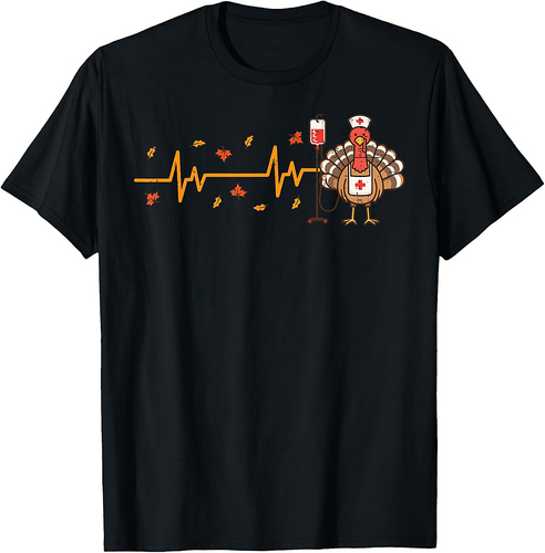 Thanksgiving Nurse Heartbeat Turkey Fall Scrub Top Women Men T-Shirt