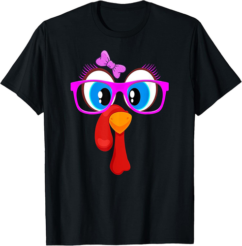 Thanksgiving Turkey Girl Face Pink Sunglasses Blue Eyes T-Shirt