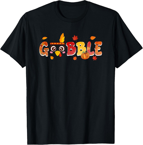 Gobble Thanksgiving Cute Turkey Face Fall Leaves Pumpkins T-Shirt