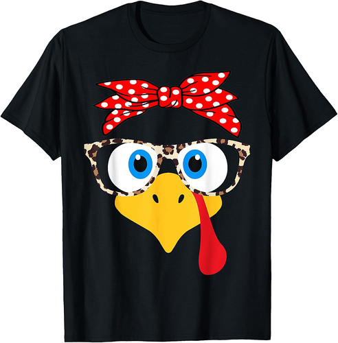 Turkey Face Leopard Print Glasses Thanksgiving Women Girl T-Shirt