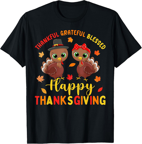Thankful Grateful Blessed Thanksgiving Turkey Women Girls T-Shirt