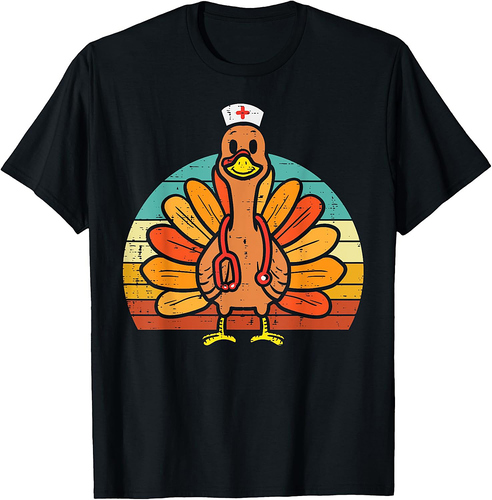 Turkey Nurse Stethoscope Thanksgiving Fall Scrub Top Women T-Shirt