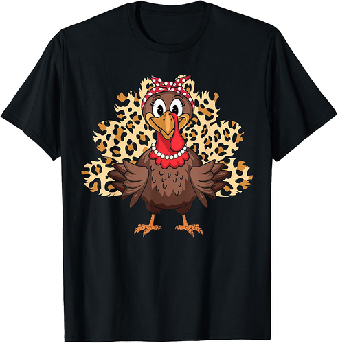 Thanksgiving Turkey Women Girl Leopard Headband Autumn T-Shirt