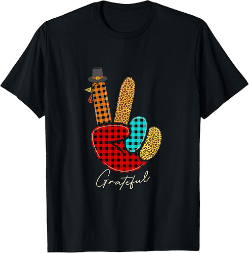 Peace Love Turkey Grateful Turkey Hand Sign Thanksgiving T-Shirt
