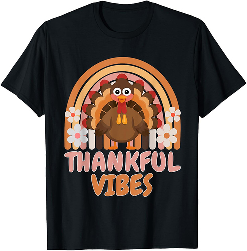 Thankful Vibes Turkey Rainbow Funny Retro Thanksgiving Women 001 T-Shirt