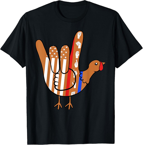 American Sign Language Thanksgiving Turkey ASL USA Flag Love T-Shirt