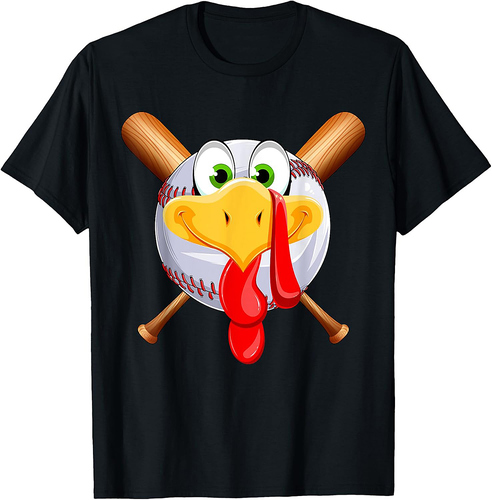 Funny Turkey Face & Baseball Ball Fall Vibes Thanksgiving T-Shirt