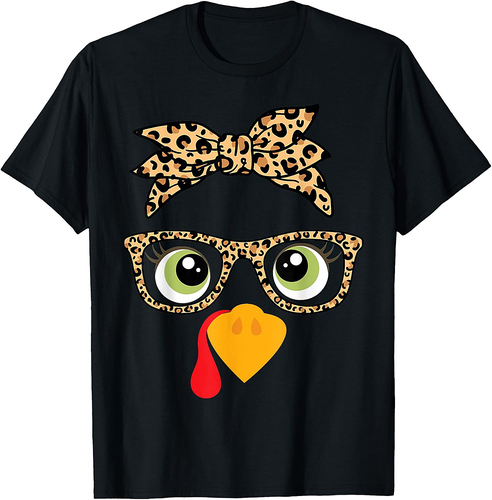 Thanksgiving Turkey Face Leopard Print Glasses Women Girls T-Shirt