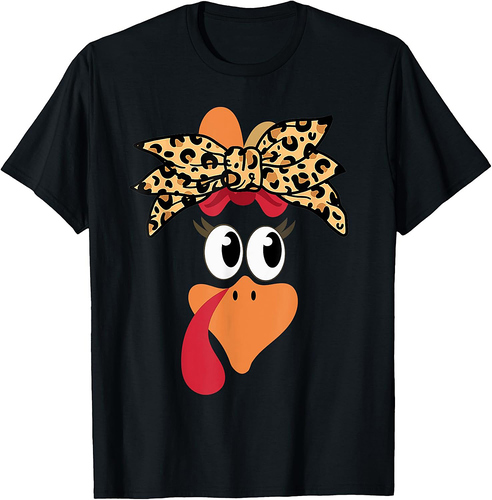 Turkey Face Girl Leopard Bow Thanksgiving Costume Turkey T-Shirt