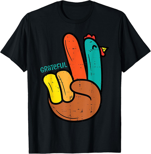 Peace Hand Turkey Grateful Thanksgiving Hippi Men Women T-Shirt