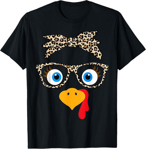 Leopard Print Thanksgiving Turkey Face Glasses Women Girls T-Shirt