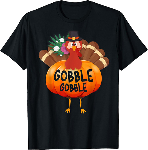 Gobble Gobble Cute Thanksgiving Turkey In Hawaiian Pumpkin T-Shirt