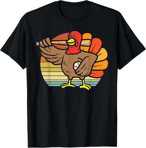 Turkey Baseball Retro Thanksgiving Sports Men Boys T-Shirt