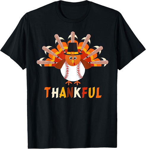 Turkey With Baseball Thankful Thanksgiving Christmas Gift T-Shirt