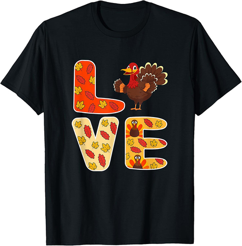 Thanksgiving Love Turkey Fall Leaves Thankful T-Shirt