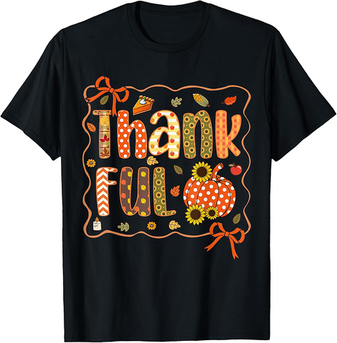 Thankful Thanksgiving Pumpkin Colorful Autumn Leaves Floral T-Shirt