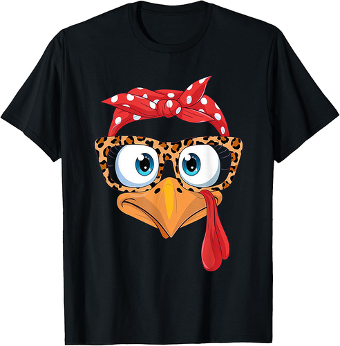 Thanksgiving Turkey Face Leopard Print Glasses Womens Girls T-Shirt