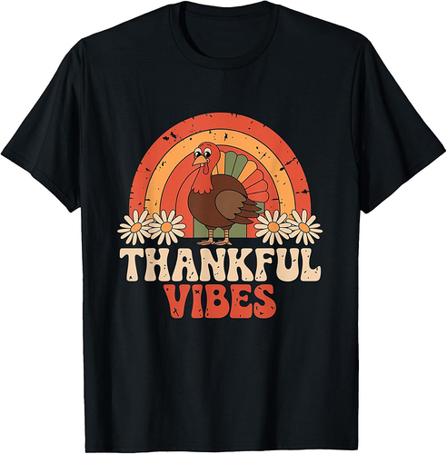 Retro Vintage Thankful Vibes Turkey Rainbow Thanksgiving 003 T-Shirt