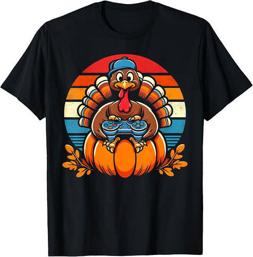 Gamer Turkey Pumpkin Retro Boys Thanksgiving Video Games Men T-Shirt