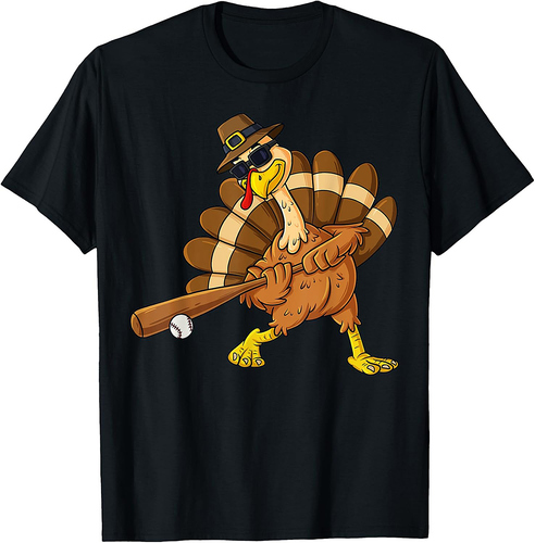 Thanksgiving Turkey Swinging Baseball Bat Boys Teens T-Shirt