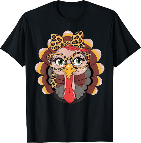 Thanksgiving Turkey Face Leopard Print Glasses Women Girls T-Shirt