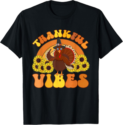 Thankful Vibes Thanksgiving Turkey Family Retro Groovy T-Shirt