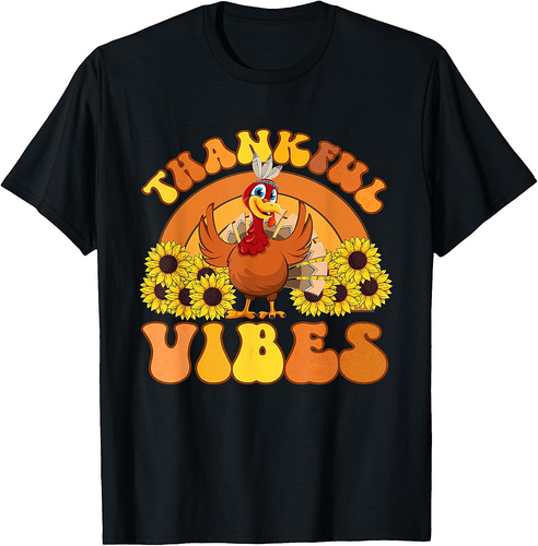 Retro Thankful Vibes Autumn Groovy Thanksgiving Turkey 02 T-Shirt