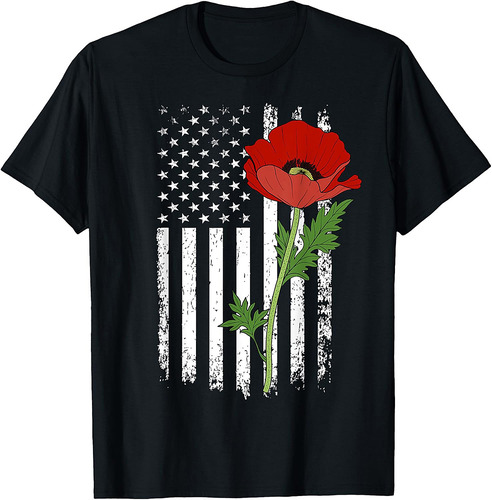 Memorial Day Red Poppy American Flag Veteran Military T-Shirt