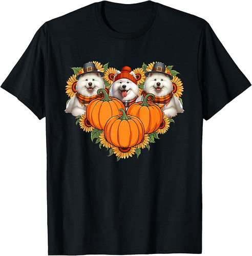 Three Cute Samoyeds Thanksgiving Pilgrim Fall Sunflowers T-Shirt