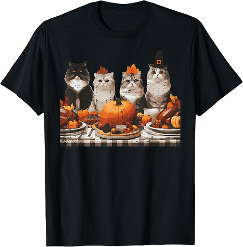 Thanksgiving Cats Dinner Feast Vintage Fall Men Women T-Shirt