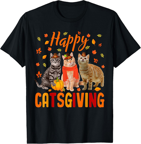 Happy Catsgiving Cute Thanksgiving Cat Wears Pilgrim Hat T-Shirt