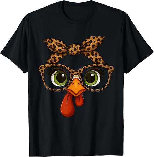 Thanksgiving Turkey Face Leopard Print Glasses Women Girls 003 T-Shirt