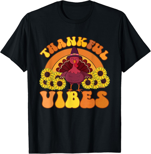 Retro Thankful Vibes Autumn Groovy Thanksgiving Turkey 001 T-Shirt