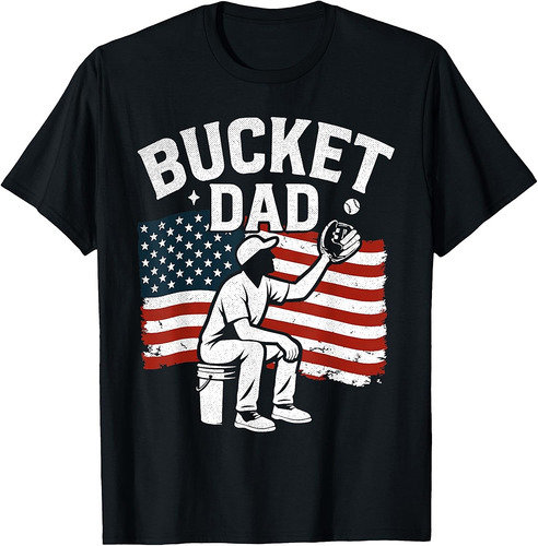 Father's Day Bucket Dad Baseball Coach Vintage American Flag T-Shirt